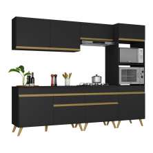 Armário de Cozinha Completa 252cm Veneza Multimóveis V3713 Preto/Dourado