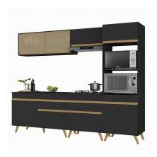 Armário de Cozinha Completa 252cm Veneza Multimóveis V3715 Preto/Dourado