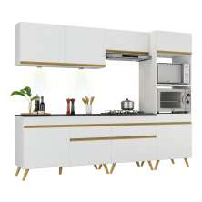 Armário de Cozinha Completa 252cm com Leds Veneza Up Multimóveis V2035 Branco/Dourado