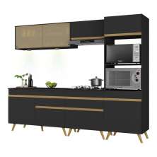 Armário de Cozinha Completa 252cm com Leds Veneza Up Multimóveis V2037 Preto/Dourado