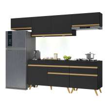 Armário de Cozinha Completa 260cm com Leds Veneza Up Multimóveis V2032 Preto/Dourado