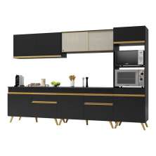 Armário de Cozinha Completa 302cm Veneza Multimóveis V3689 Preto/Dourado