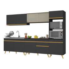 Armário de Cozinha Completa 302cm Veneza Multimóveis V3750 Preto/Dourado
