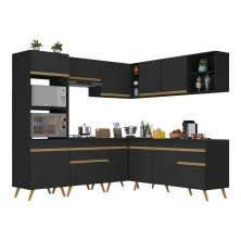 Armário de Cozinha Completa de Canto Veneza Multimóveis V2045 Preto/Dourado