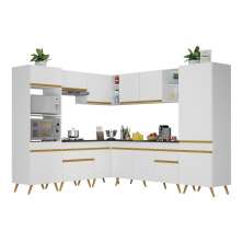 Armário de Cozinha Completa de Canto Veneza Multimóveis V2046  Branco/Dourado