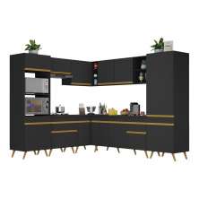 Armário de Cozinha Completa de Canto Veneza Multimóveis V2046  Preto/Dourado