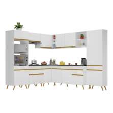 Armário de Cozinha Completa de Canto Veneza Multimóveis V2047  Branco/Dourado