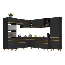 Armário de Cozinha Completa de Canto Veneza Multimóveis V2047  Preto/Dourado