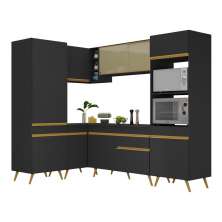 Armário de Cozinha Completa de Canto Veneza Multimóveis V2049  Preto/Dourado