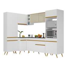 Armário de Cozinha Completa de Canto Veneza Multimóveis V2050  Branco/Dourado