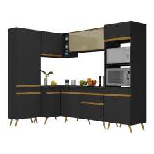 Armário de Cozinha Completa de Canto Veneza Multimóveis V2050  Preto/Dourado