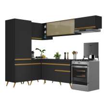 Armário de Cozinha Completa de Canto Veneza Multimóveis V2051  Preto/Dourado