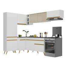 Armário de Cozinha Completa de Canto Veneza Multimóveis V2052  Branco/Dourado