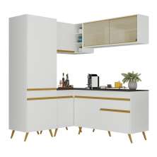 Armário de Cozinha Completa de Canto Veneza Multimóveis V2053  Branco/Dourado