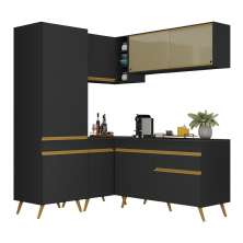Armário de Cozinha Completa de Canto Veneza Multimóveis V2053  Preto/Dourado