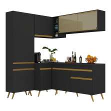 Armário de Cozinha Completa de Canto Veneza Multimóveis V2054  Preto/Dourado