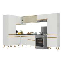 Armário de Cozinha Completa de Canto Veneza Multimóveis V2055  Branco/Dourado