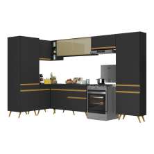 Armário de Cozinha Completa de Canto Veneza Multimóveis V2055  Preto/Dourado
