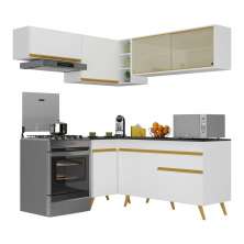 Armário de Cozinha Completa de Canto Veneza Multimóveis V2059  Branco/Dourado
