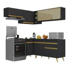 Armário de Cozinha Completa de Canto Veneza Multimóveis V2059  Preto/Dourado