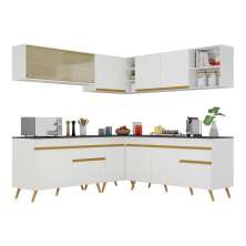 Armário de Cozinha Completa de Canto Veneza Multimóveis V2061  Branco/Dourado