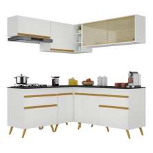 Armário de Cozinha Completa de Canto Veneza Multimóveis V2062  Branco/Dourado