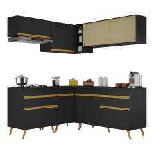 Armário de Cozinha Completa de Canto Veneza Multimóveis V2062  Preto/Dourado