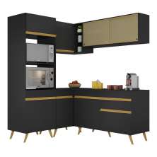 Armário de Cozinha Completa de Canto Veneza Multimóveis V2063  Preto/Dourado