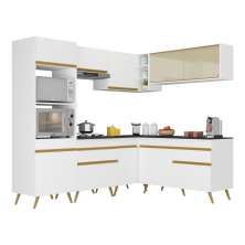 Armário de Cozinha Completa de Canto Veneza Multimóveis V2064  Branco/Dourado