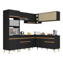 Armário de Cozinha Completa de Canto Veneza Multimóveis V2064  Preto/Dourado