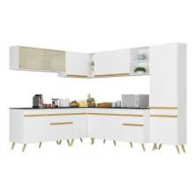Armário de Cozinha Completa de Canto Veneza Multimóveis V2065  Branco/Dourado