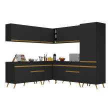 Armário de Cozinha Completa de Canto Veneza Multimóveis V2066  Preto/Dourado