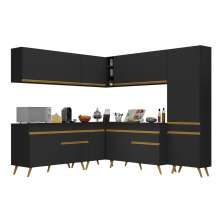 Armário de Cozinha Completa de Canto Veneza Multimóveis V2067  Preto/Dourado