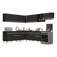 Armário de Cozinha Completa de Canto Veneza Multimóveis V2068  Preto/Dourado