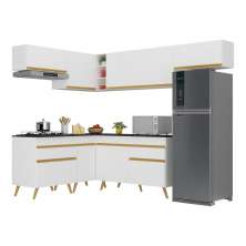 Armário de Cozinha Completa de Canto Veneza Multimóveis V2069  Branco/Dourado