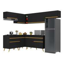 Armário de Cozinha Completa de Canto Veneza Multimóveis V2069  Preto/Dourado