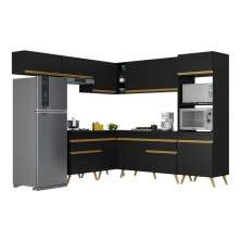 Armário de Cozinha Completa de Canto Veneza Multimóveis V2070  Preto/Dourado