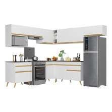 Armário de Cozinha Completa de Canto Veneza Multimóveis V2071  Branco/Dourado