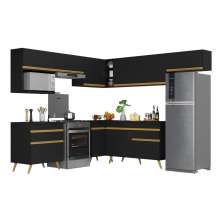 Armário de Cozinha Completa de Canto Veneza Multimóveis V2071  Preto/Dourado