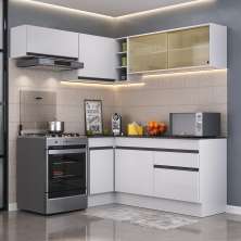 Armário de Cozinha Completa de Canto com Rodapé Veneza Multimóveis MP2094.964 Branco/Preto