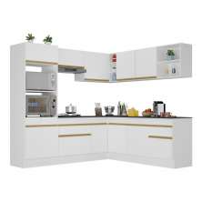 Armário de Cozinha Completa de Canto com Rodapé Veneza Multimóveis V2080  Branco/Dourado