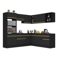 Armário de Cozinha Completa de Canto com Rodapé Veneza Multimóveis V2080  Preto/Dourado