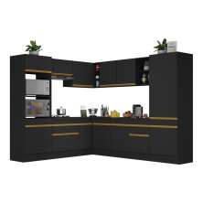 Armário de Cozinha Completa de Canto com Rodapé Veneza Multimóveis V2081  Preto/Dourado
