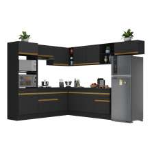 Armário de Cozinha Completa de Canto com Rodapé Veneza Multimóveis V2083  Preto/Dourado