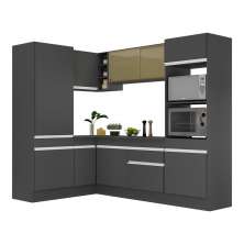 Armário de Cozinha Completa de Canto com Rodapé Veneza Multimóveis V2084  Preto/Branco