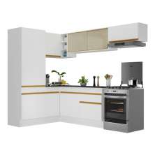 Armário de Cozinha Completa de Canto com Rodapé Veneza Multimóveis V2086  Branco/Dourado