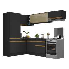 Armário de Cozinha Completa de Canto com Rodapé Veneza Multimóveis V2086  Preto/Dourado