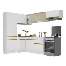 Armário de Cozinha Completa de Canto com Rodapé Veneza Multimóveis V2087  Branco/Dourado