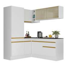 Armário de Cozinha Completa de Canto com Rodapé Veneza Multimóveis V2088  Branco/Dourado
