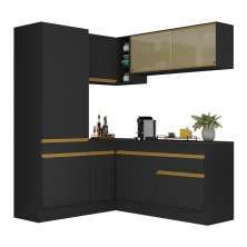 Armário de Cozinha Completa de Canto com Rodapé Veneza Multimóveis V2088  Preto/Dourado